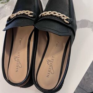 Naked Feet Black Slip-On Mules with Gold Chain Trim